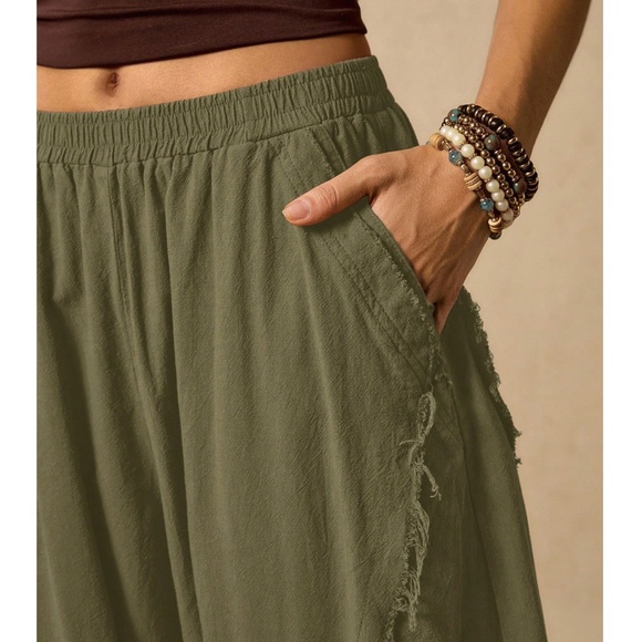 Boho Rust Brown Solid Stretchy waist Pockets Frayed Detail Harem Pants - Picture 6 of 10